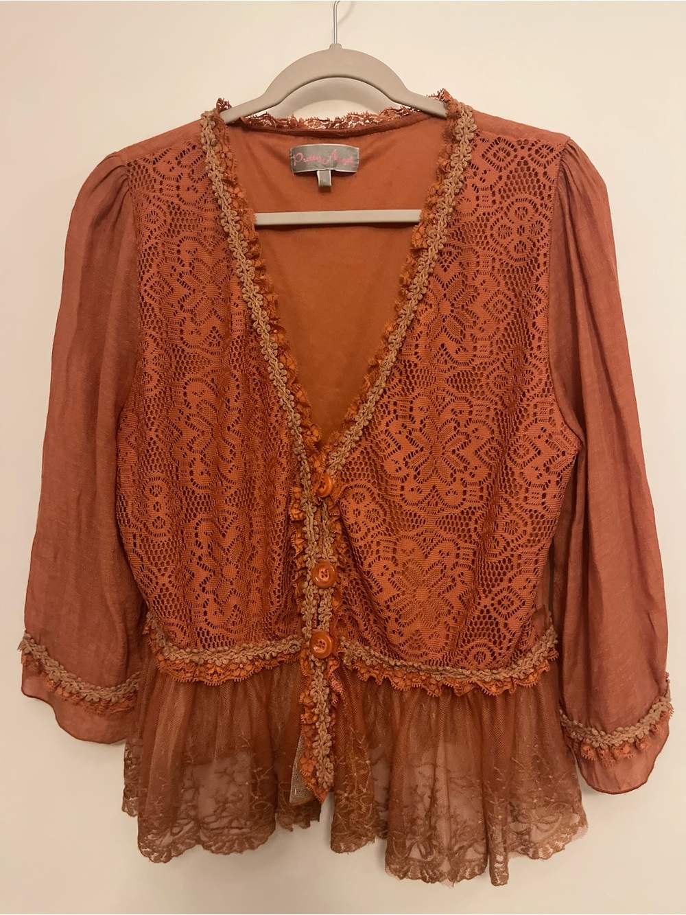 Rust Linen Blend Boho Lace Deep V Neck Layering Top Long Sleeve Large